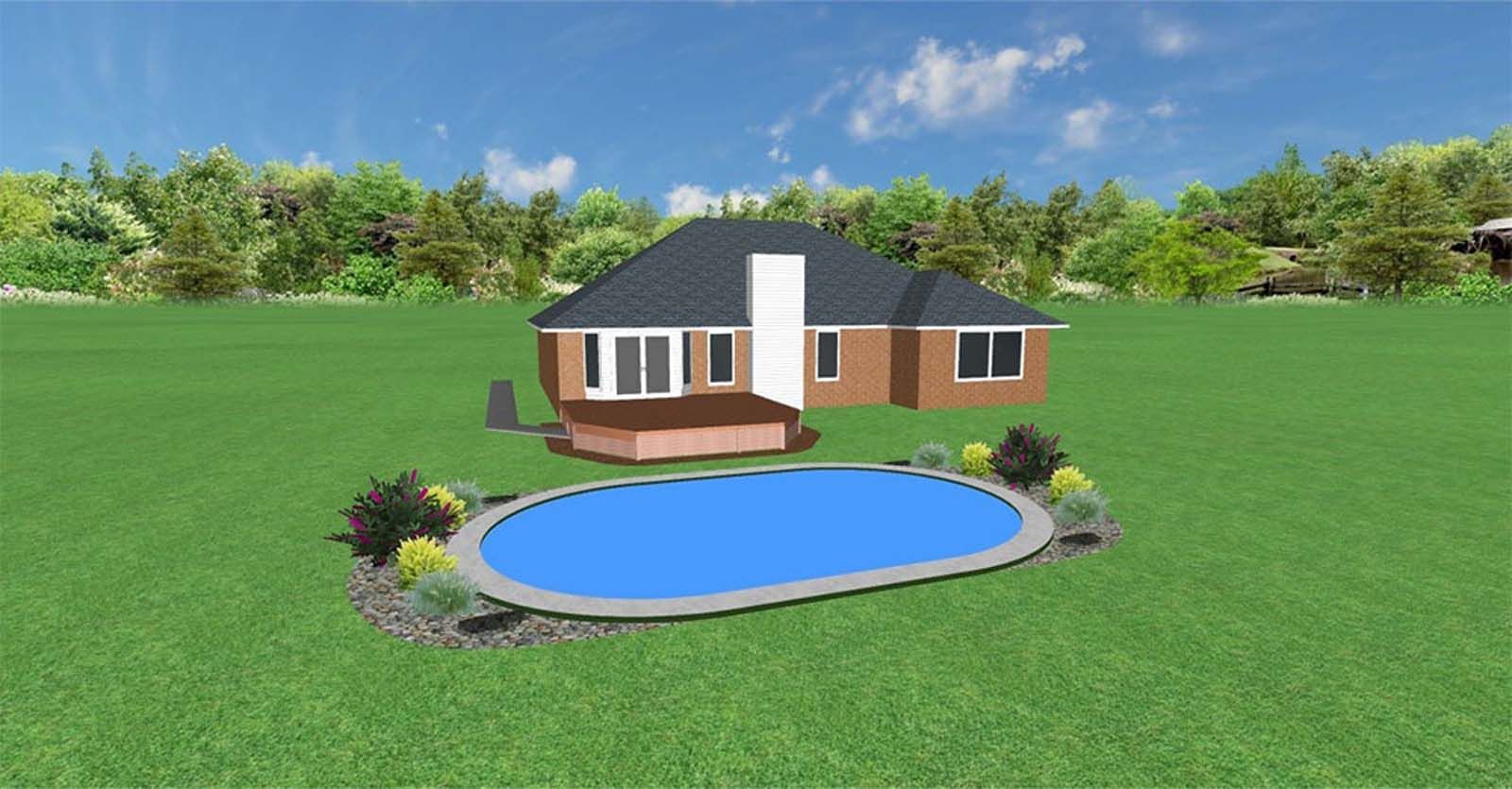 Modern house with a deck and oval blue pool in a grassy backyard
