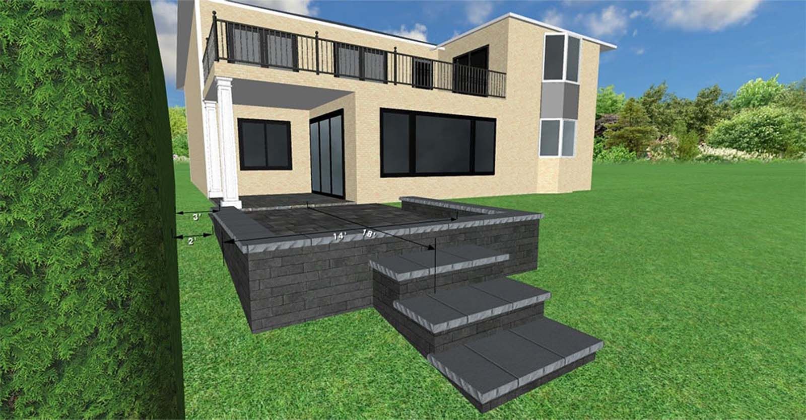 Modern beige house with dark gray steps and a large lawn under a blue sky