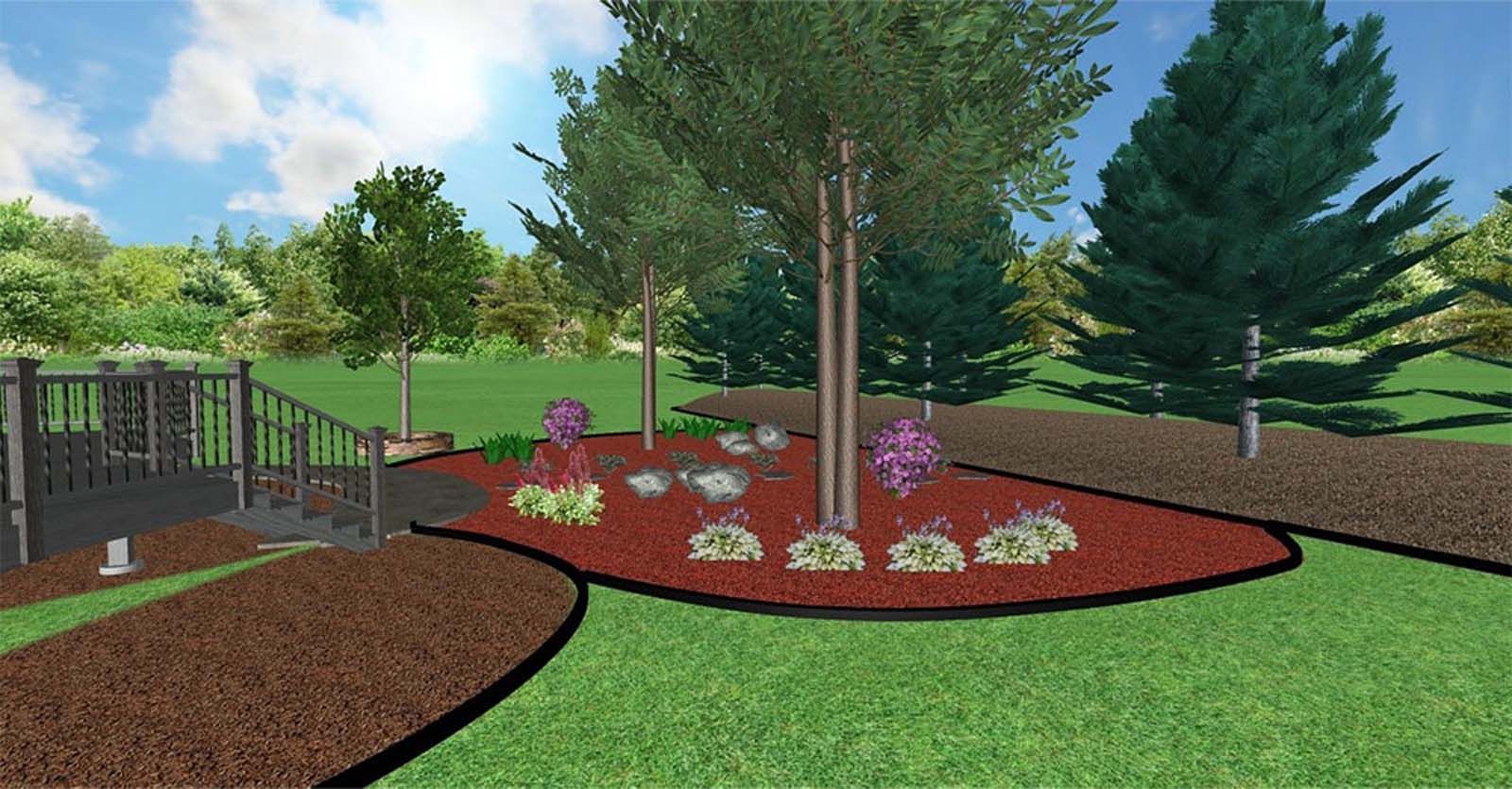 Landscape garden with trees, red mulch bed, flowers, and a wooden fence beside a green lawn