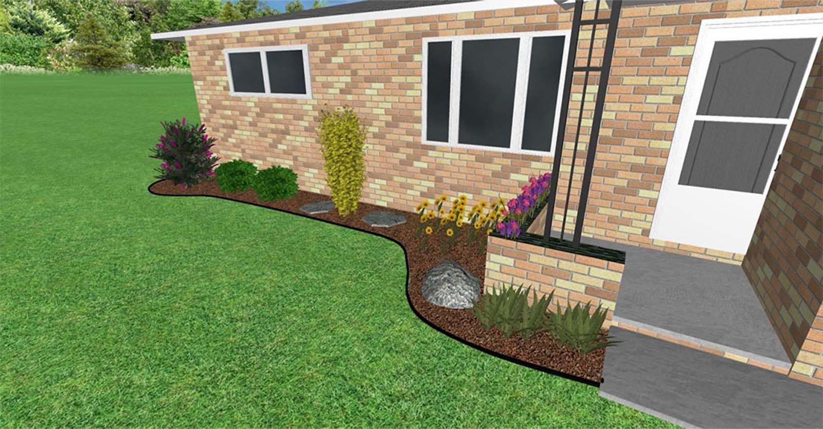 Front yard landscaping beside a brick house with green lawn, curved flower bed, and front steps.
