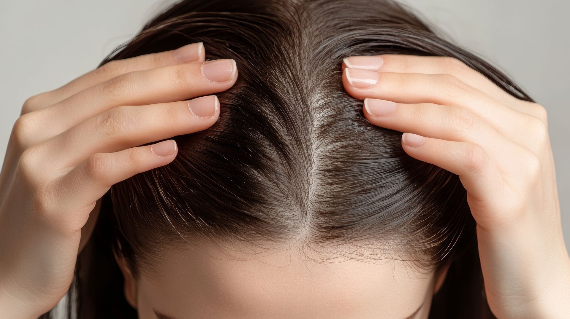 Die Hände der Frau stecken im Haar, sodass die grauen Haarwurzeln sichtbar sind. Dunkles Haar mit heller Kopfhaut.