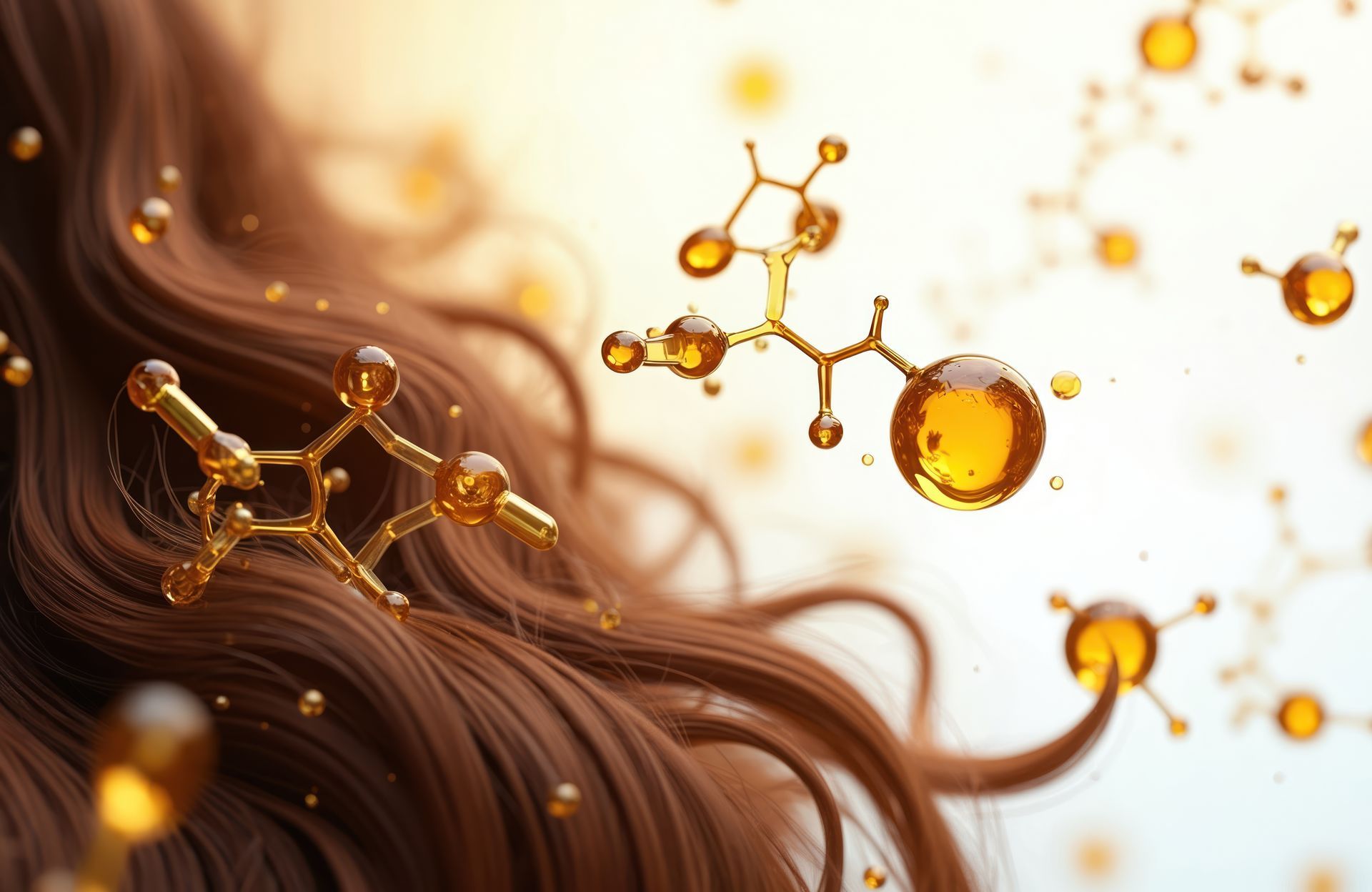 Braunes Haar mit goldenen Molekülstrukturen, Tröpfchen.