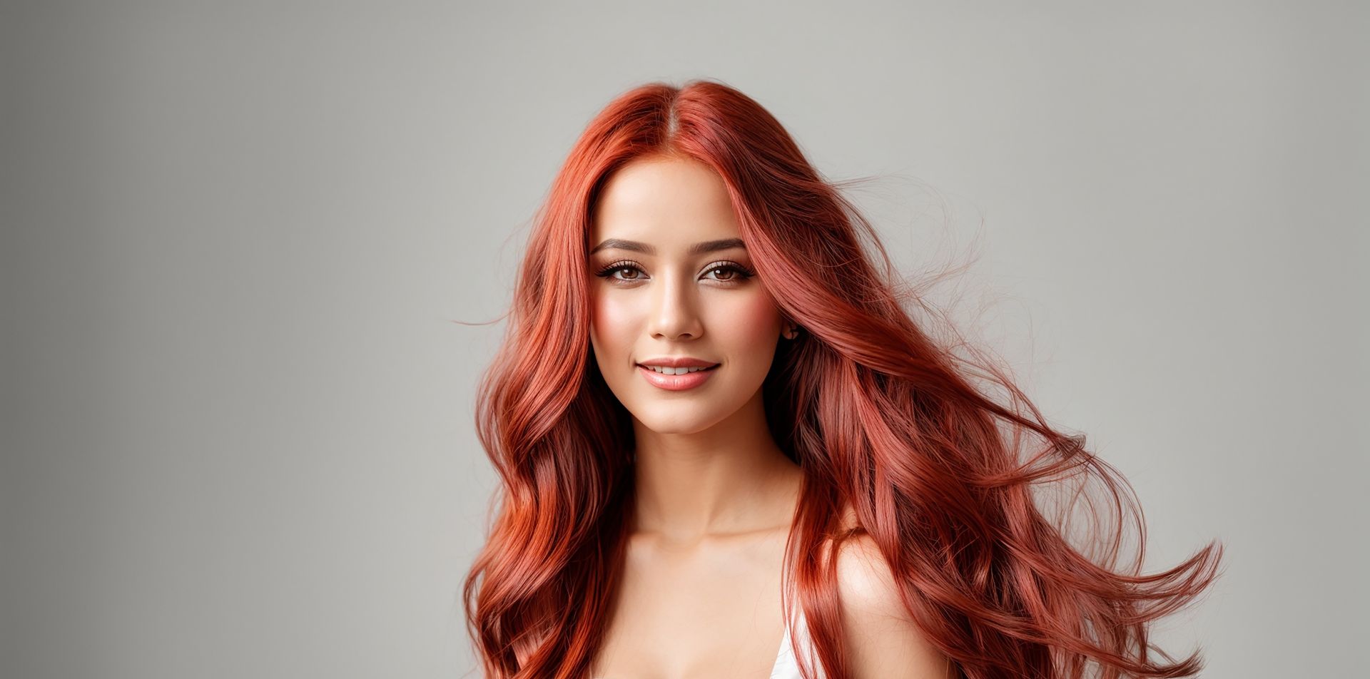 Eine Frau mit langen, roten, wallenden Haaren lächelt in die Kamera. Sie steht in einem Studio vor einem grauen Hintergrund.