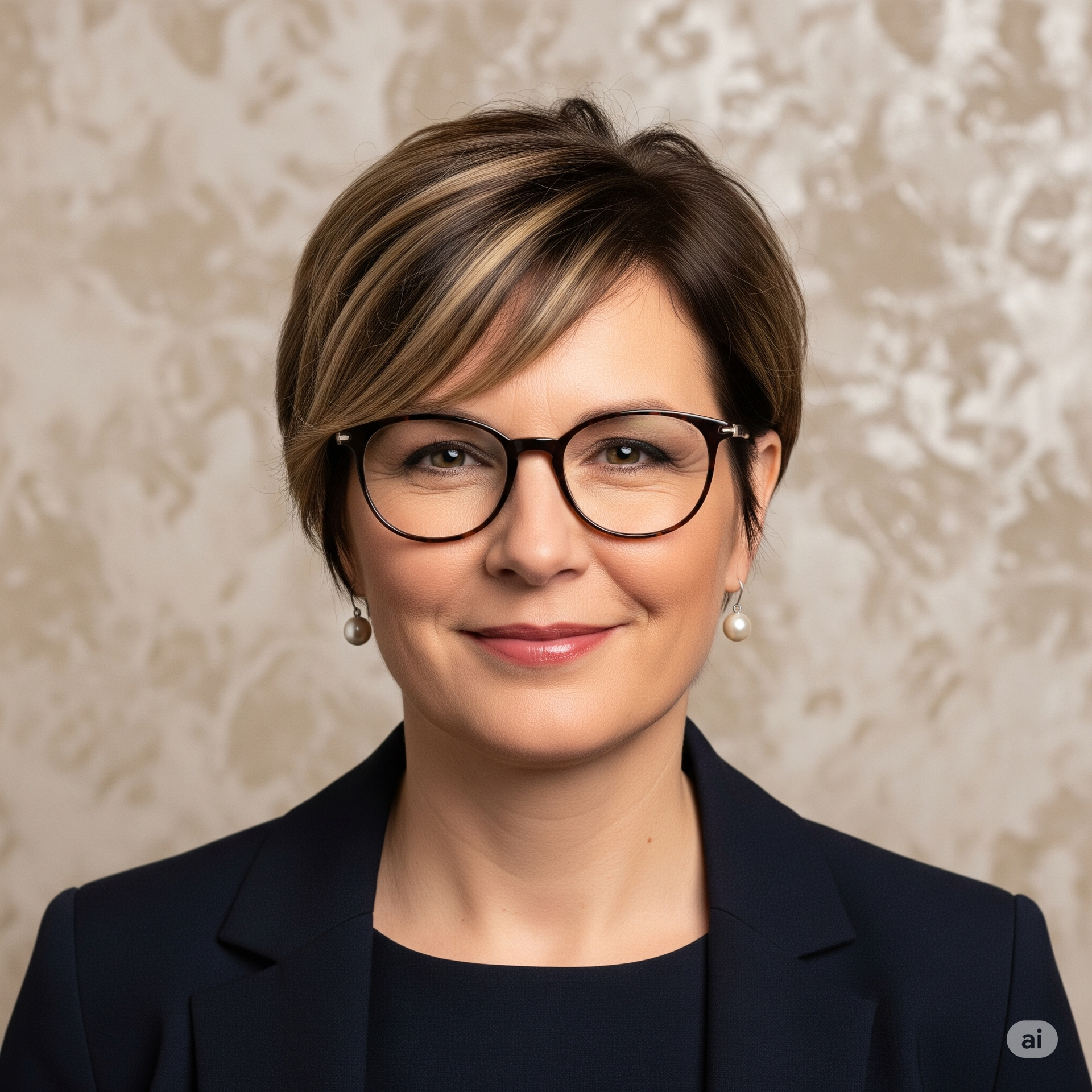 Frau mit Brille und dunklem Blazer lächelt.