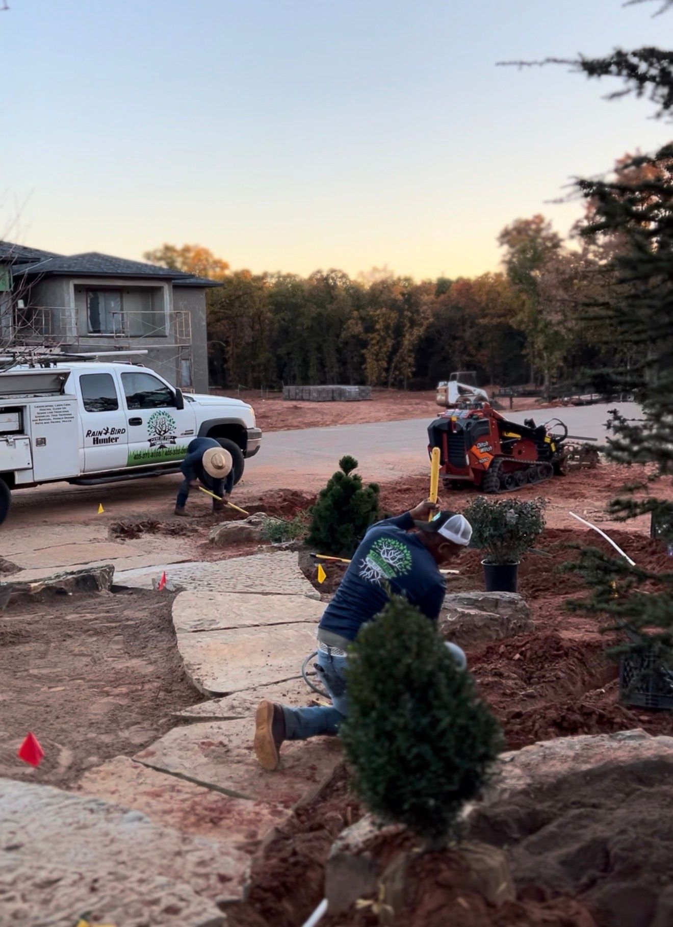 Workers landscaping a front yard at dusk, planting shrubs near a stone path and driveway.