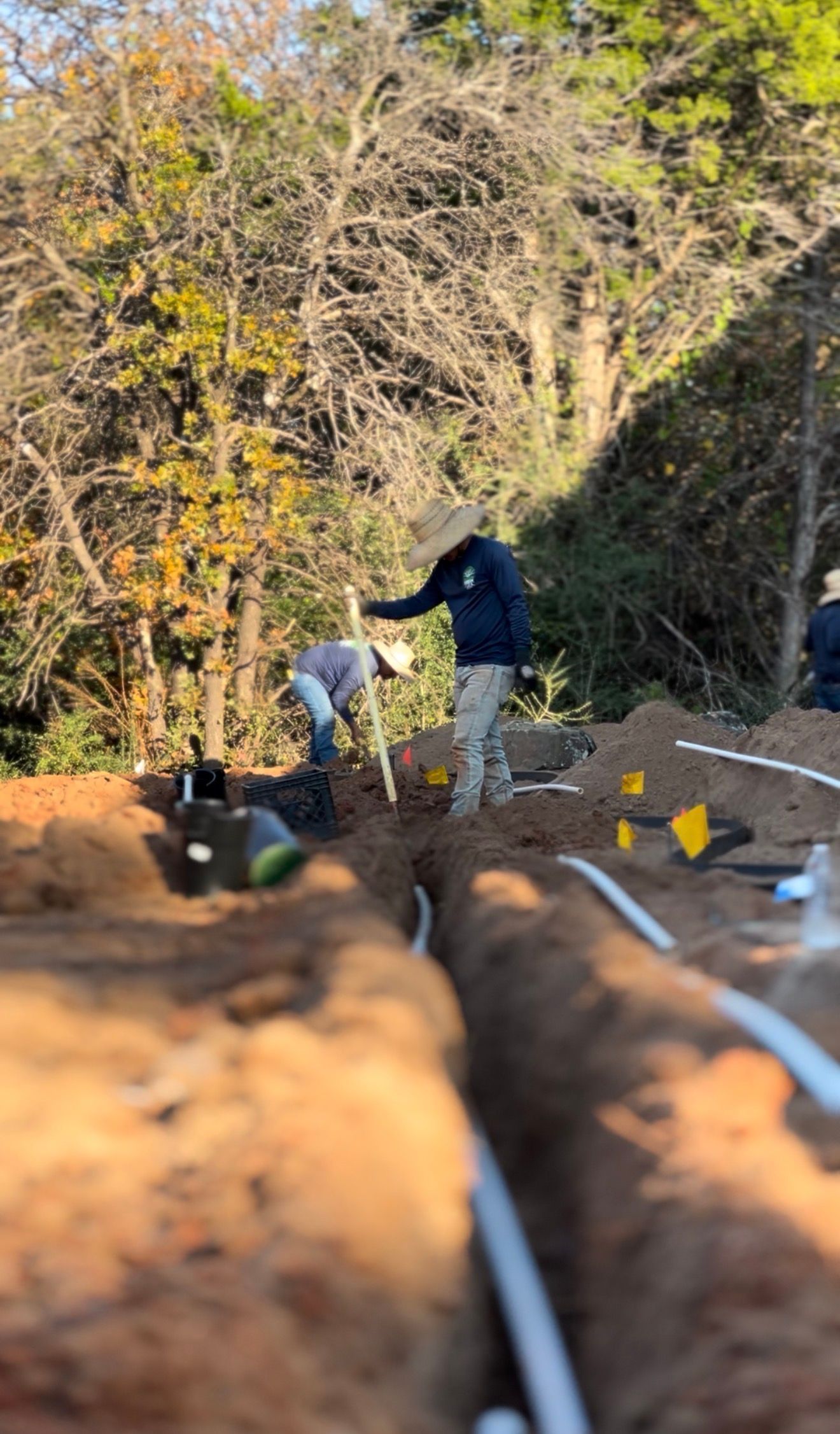 Two people by logs at a muddy construction site, one pointing in a wooded area with yellow markers