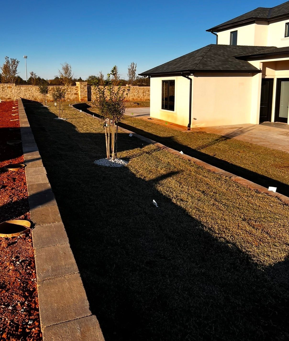 Landscaped yard with a young tree, gravel path, and white house in bright sunlight