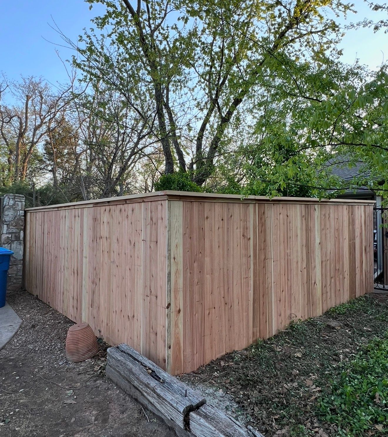 New wooden privacy fence enclosing a yard, with trees and a blue bin beside it.