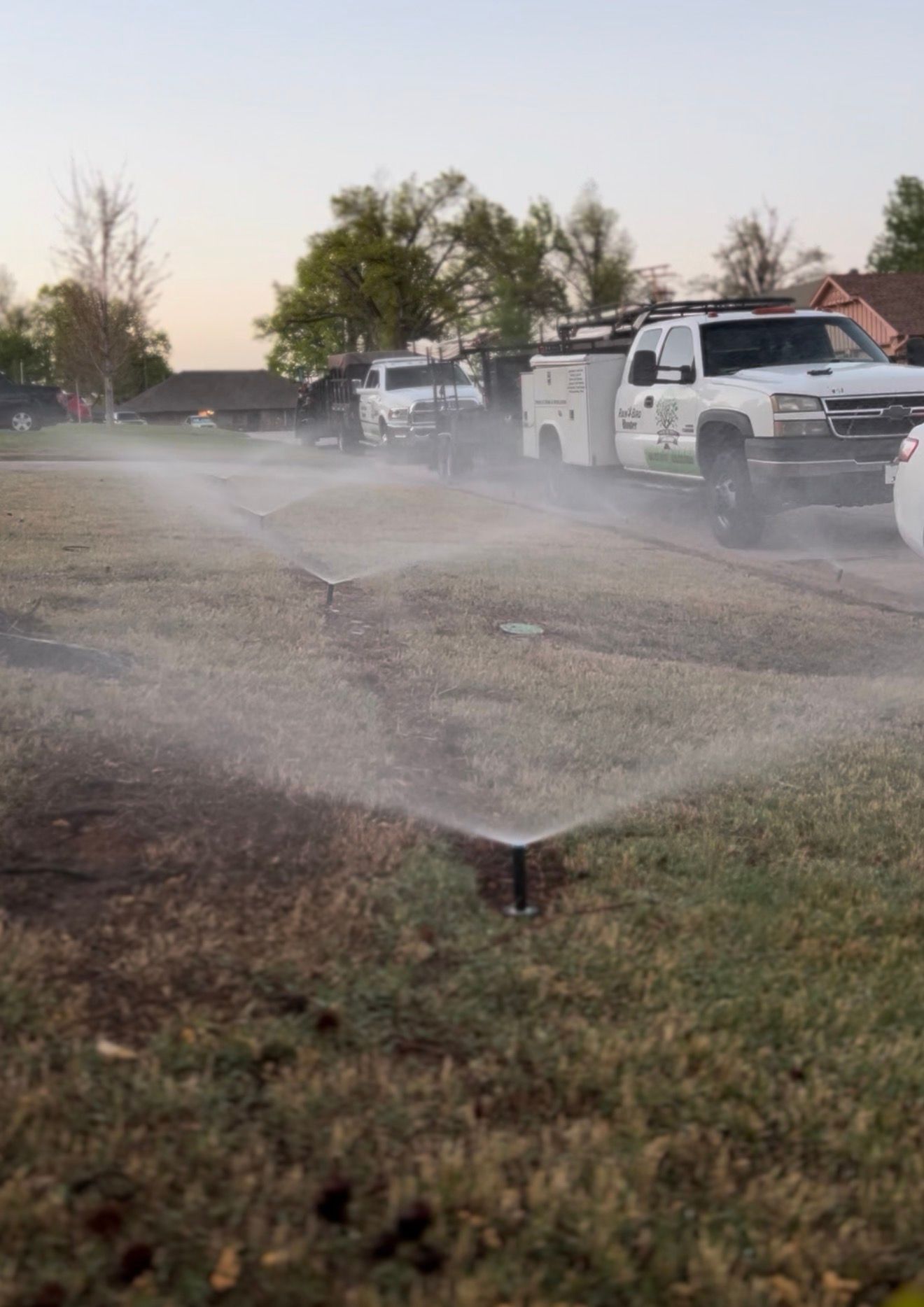 Sprinkler spraying water across a grassy roadside beside parked white pickup trucks at dusk