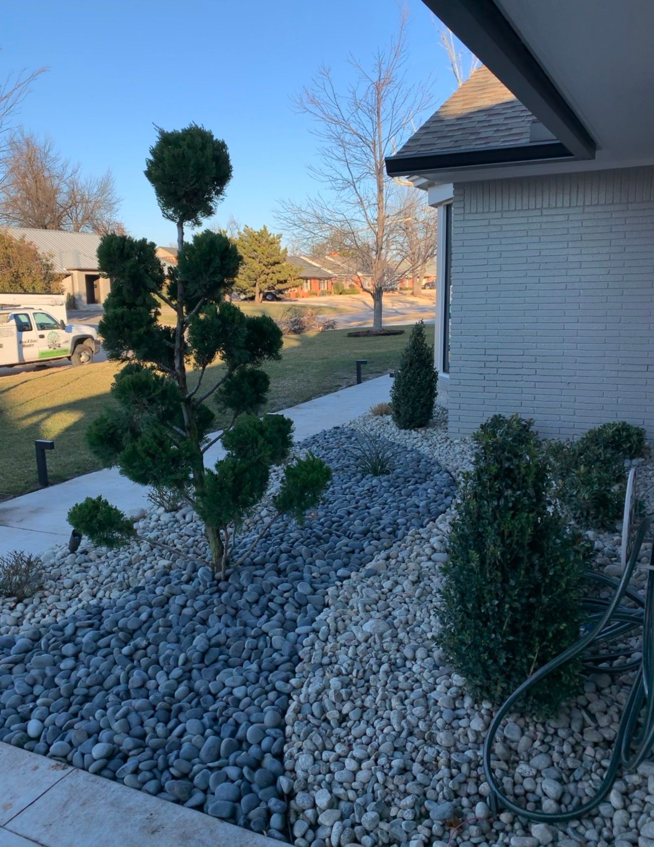 Landscaped front yard with stone mulch, trimmed topiary shrubs, and a white brick house beside a sidewalk.