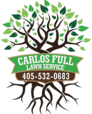 A logo for Carlos Full Lawn Service with a tree and roots