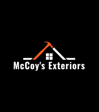 McCoy&rsquo;s Exteriors logo with house roof icon in black, white, and orange