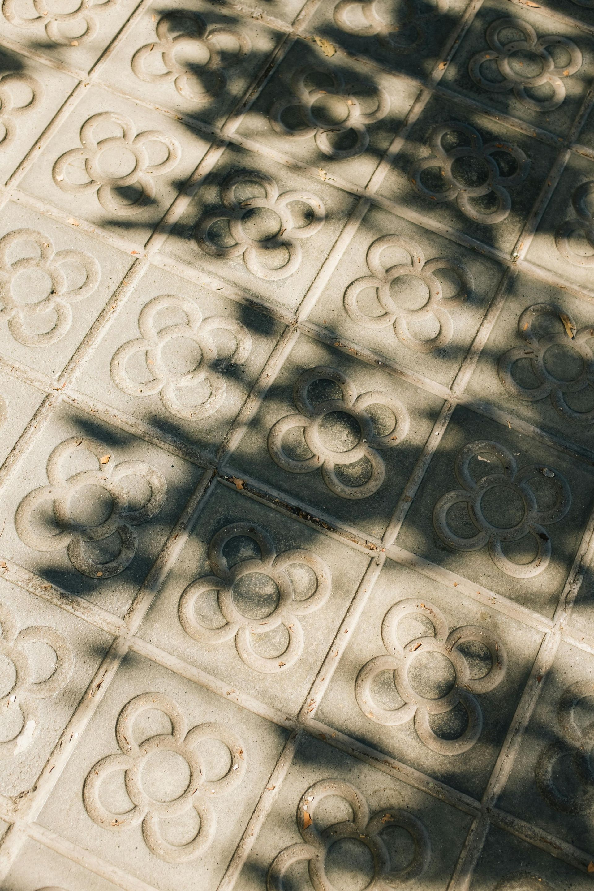 Patterned stone tiles with tree shadows cast across them