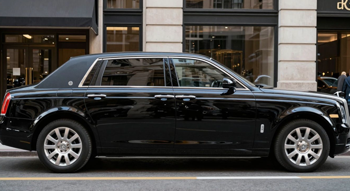 A black luxury limousine parked on a city street