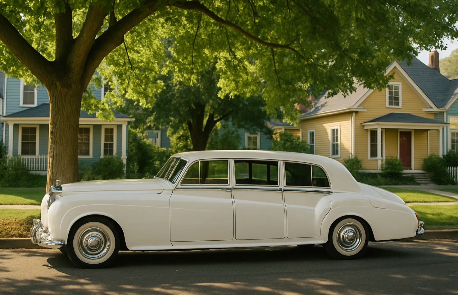 A vintage white limousine parked under the shade of a large leafy tree in a quaint suburban neighborhood