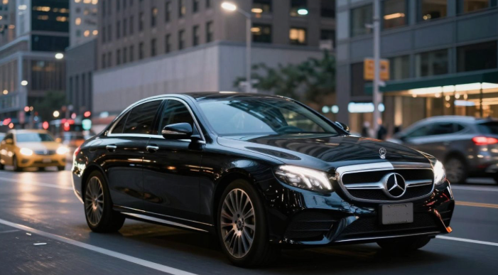 black Mercedes Benz E class car in NYC at night