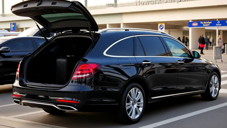 Black car service at Newark Airport with open trunk