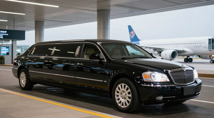 Black limo curbside at Newark airport terminal