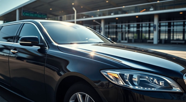 black limousine at airport curb