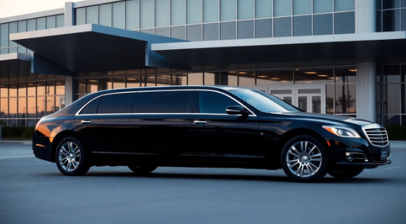 black limousine parked at airport terminal