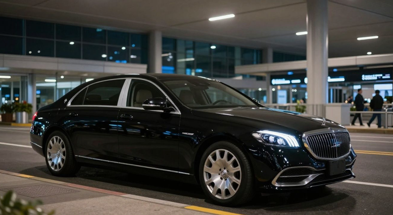 black limousine parked curbside at JFK airport terminal