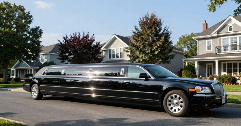 Black limousine parked on a residential street in front of houses with trees and blue sky.