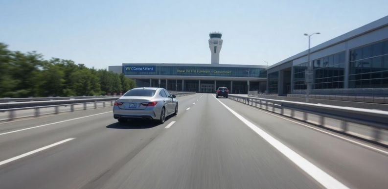 car driving towards an airport terminal