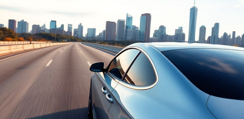 Car traveling between New Jersey and New York Skylines