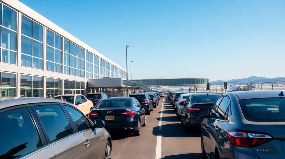 cars arriving at airport terminal under bright skies