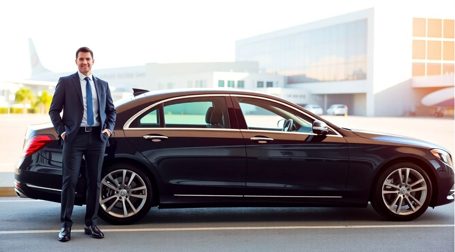 chauffeur and luxury sedan at airport arrivals