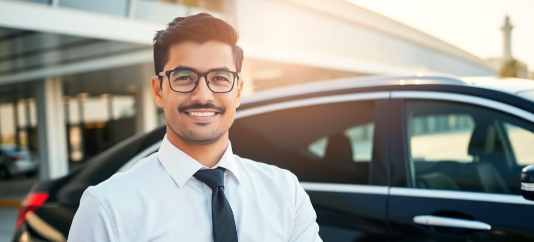 chauffeurs and luxury sedan at airport terminal entrance