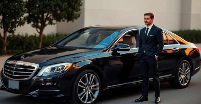 chauffeur in suit next to a luxury sedan