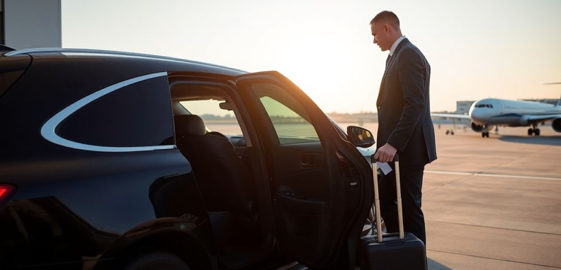 chauffeur opening car door for traveler with luggage at airport