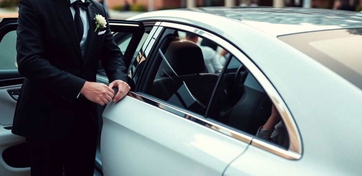 chauffeur opening door of elegant white wedding limo car