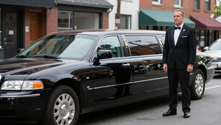 Chauffeur standing outside of black stretch limousine
