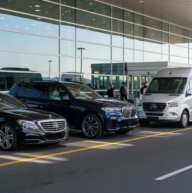 fleet vehicles parked outside airport terminal