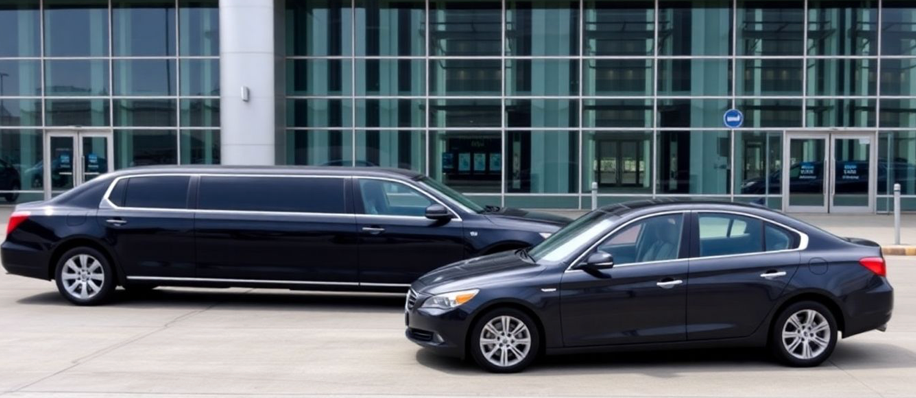 limousine and ride-share sedan parked at airport