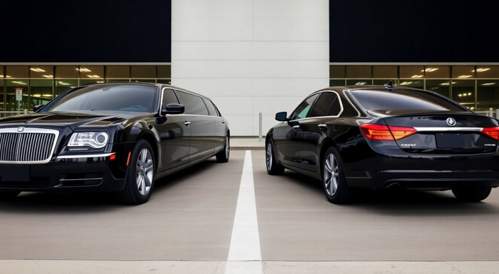 limousine and sedan parked at airport curb
