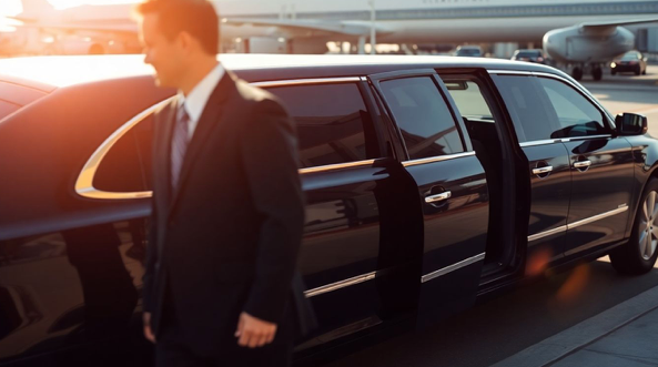 luxury airport limousine waiting at curb