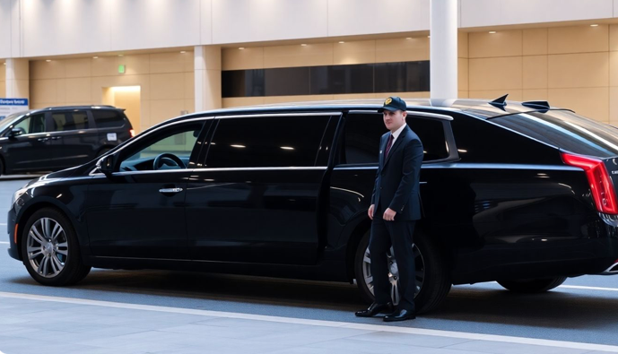 luxury airport limousine with chauffeur at arrivals