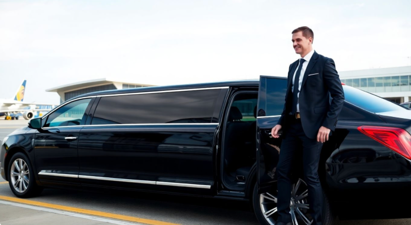 luxury airport limousine with chauffeur at curb