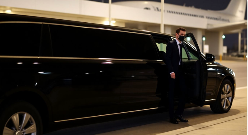 airport limousine with chauffeur curbside at terminal
