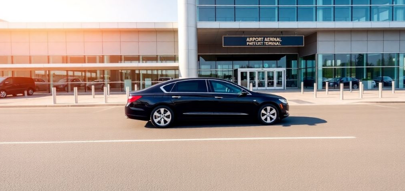 luxury black car arriving at airport terminal