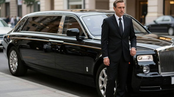 luxury black limousine with chauffeur at JFK airport