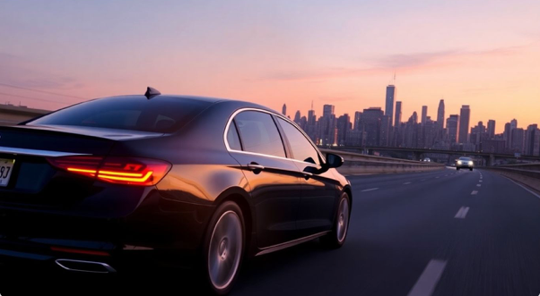 luxury car traveling from Newark to Manhattan with nyc skyline