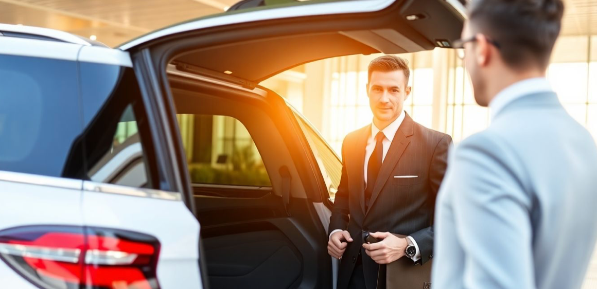 luxury car with chauffeur opening car door at airport to load passenger luggage