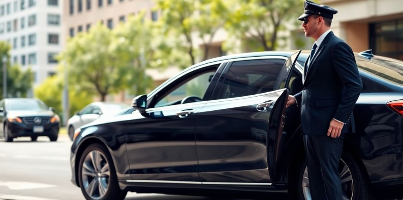 luxury car chauffeur elegant attire city street