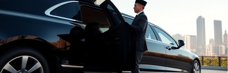luxury car chauffeur elegant passenger city backdrop