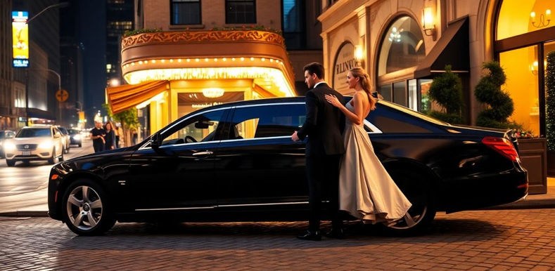 luxury car city lights elegant couple in New York City