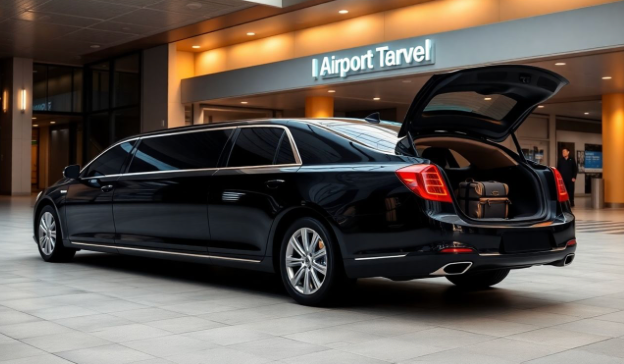 Luxury limousine at airport terminal entrance
